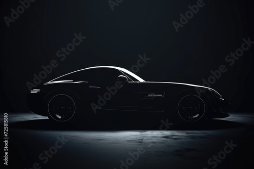 A black sports car parked in a dimly lit room. This image can be used to showcase luxury vehicles or as a backdrop for automotive-related content © Fotograf
