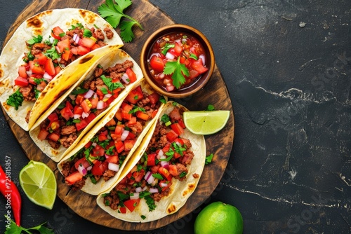 Top view of Mexican tacos with meat beans and salsa