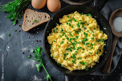 Top view of scrambled eggs in a frying pan with pork lard bread and green onions photo