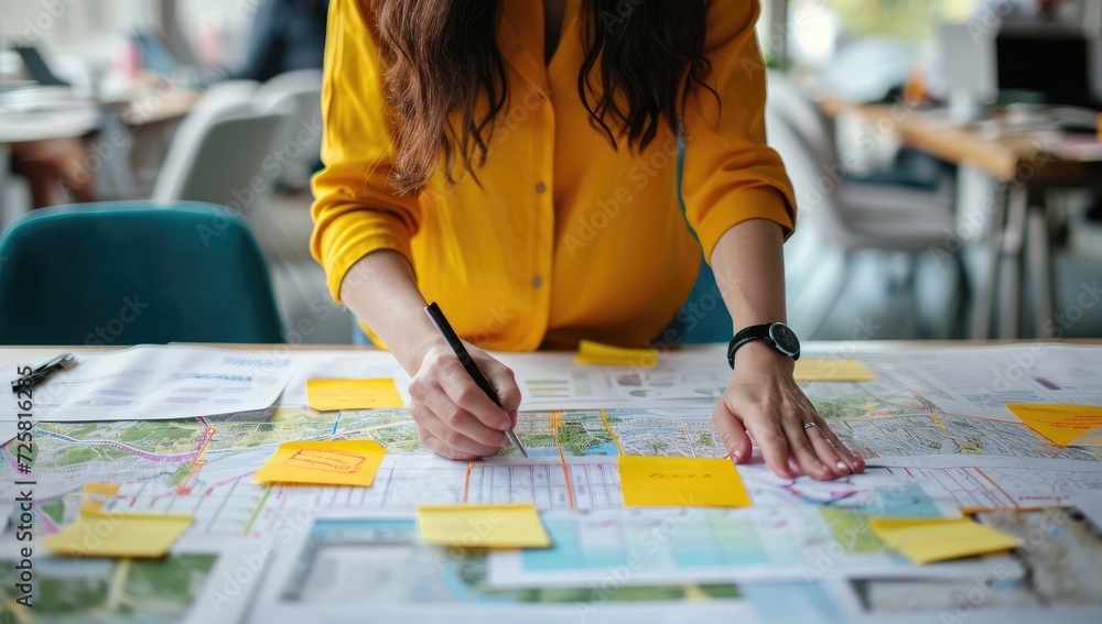 Businesswoman strategizing with map and sticky notes Businesswoman strategizing with map and sticky notes