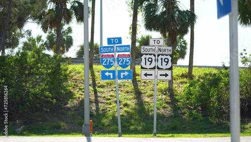 Blue directional road sign indicating direction to I-275 freeway interstate highway serving the Tampa Bay area in Florida photo