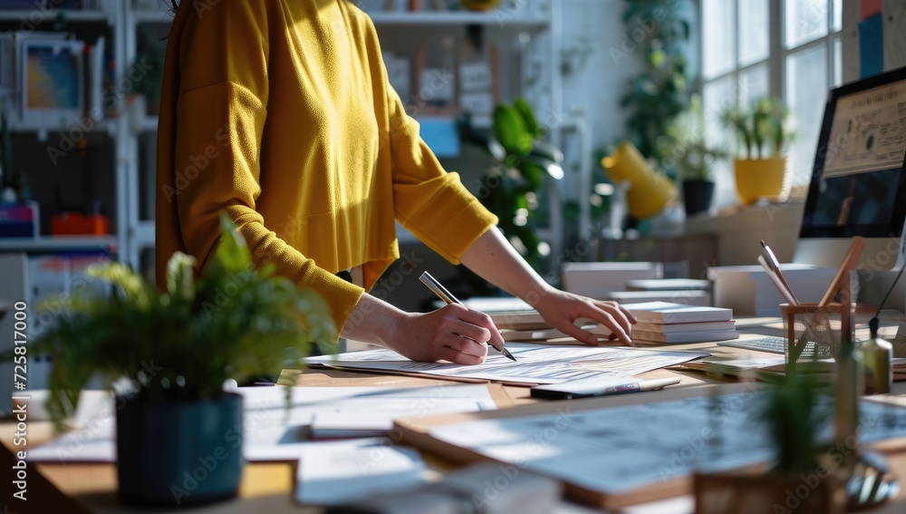 Woman working at a cluttered creative office desk Woman working at a cluttered creative office desk