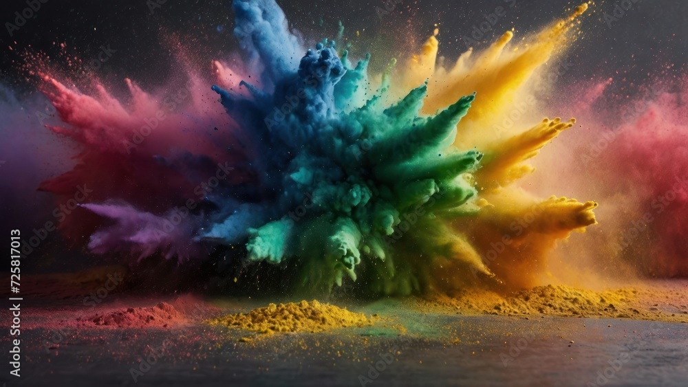 Colored powder explosion. Rainbow colors dust background. Multicolored powder splash background.  generative, ai.