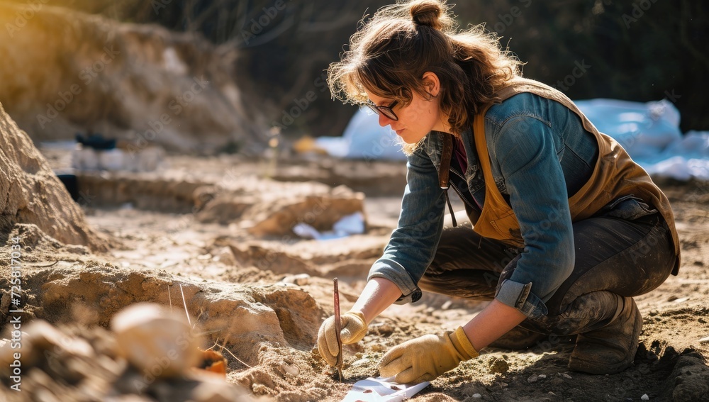 Archaeologist carefully excavating at a dig site