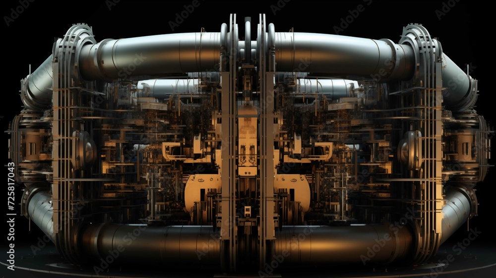 A mirrored image of a large, complex cylindrical machine with two massive tubes extending from its center in a dark setting 