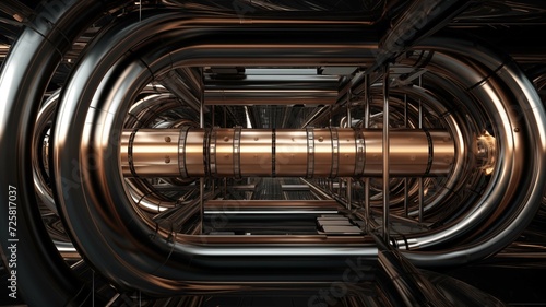 Complex network of gleaming copper and silver pipes surrounding a central cylinder in a technological industrial setting