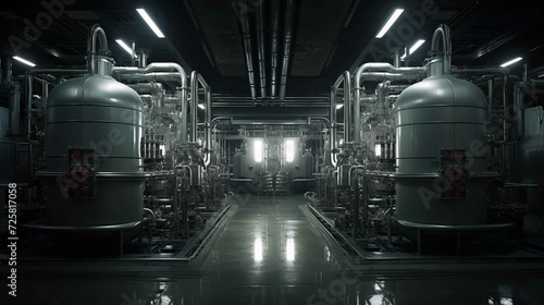 Symmetrical view of a stark, industrial room filled with metallic pressure vessels and an intricate network of pipes
