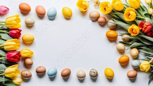 Top view of mockup with free space. Easter quail colorful eggs and springtime flowers as tulips and daffodils over white background. Spring holidays concept with copy space. Generative Ai
