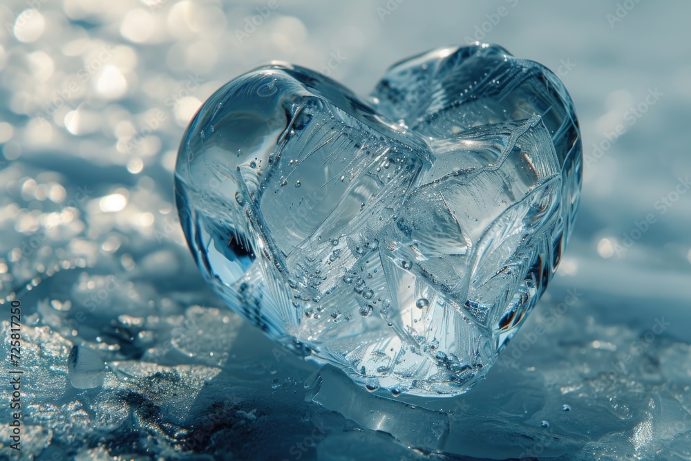 A heart-shaped piece of ice sitting on top of another piece of ice. Can be used to symbolize love, winter, or nature's beauty A heart-shaped piece of ice sitting on top of another piece of ice. Can be used to symbolize love, winter, or nature's beauty