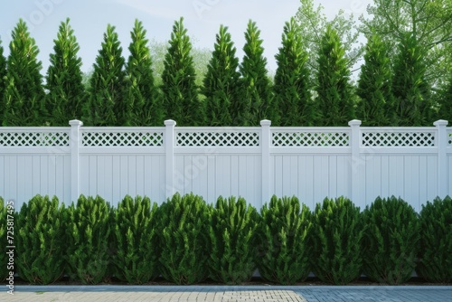 Vinyl fence in cottage village with tall thuja bushes fencing private property with plastic grass