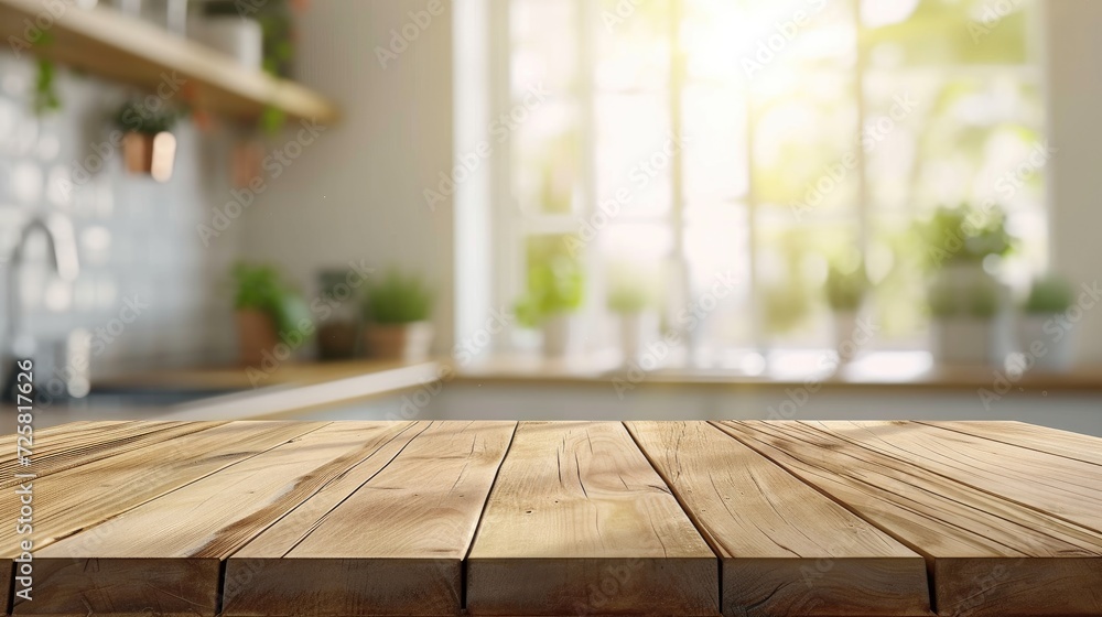 An empty beautiful wood table top against a blur bokeh modern kitchen interior background, inviting a clean and bright atmosphere, perfect for product montage