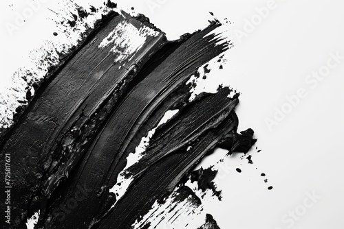 Wet dark ink on lino with black linocutting paint roller texture isolated on white paper background photo