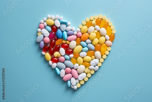 Heart shaped assortment of colorful pills and capsules