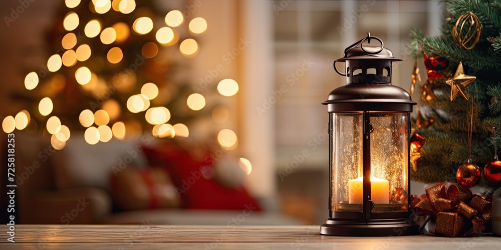 Lantern with holiday tree and presents on living room table. Lantern with holiday tree and presents on living room table.