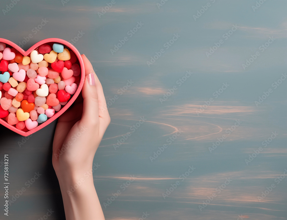 Female hands take candy from a heart-shaped box, top view, empty space. Gift for Valentine's Day. Hands with a package of sweets Female hands take candy from a heart-shaped box, top view, empty space. Gift for Valentine's Day. Hands with a package of sweets
