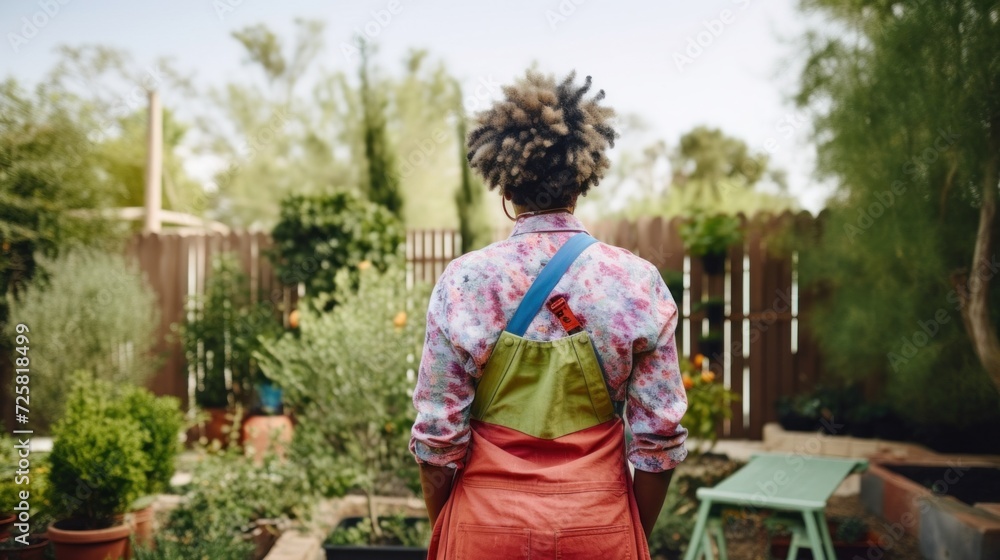 Woman of different skin tone, viewed from behind, wearing gardener clothes, with a garden setting. Woman of different skin tone, viewed from behind, wearing gardener clothes, with a garden setting.