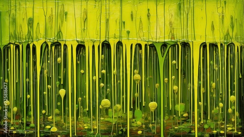 Green paint dripping down. Texture of the wall roughly painted in two colors. Abstract art background. Brushstrokes of paint. Illustration for banner, flyer, poster, cover or brochure.