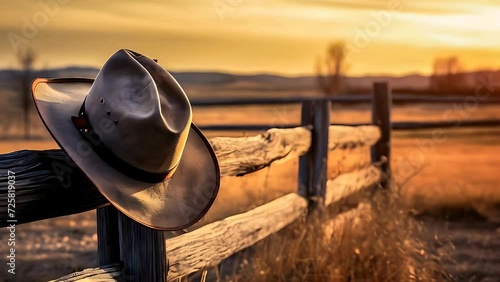 A cowboy hat hanging on an old wooden fence photo