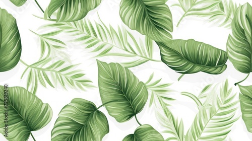 seamless pattern of tropical plants, hand drawn, on white background