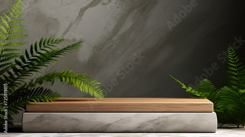 Wooden Platform Empty Blank Plate Podium Pedestral Table Stand Mockup Product Display Showcase Wood Surface Podest Presentation Jungle Plants Farn Forest Stones © ARTwithPIXELS