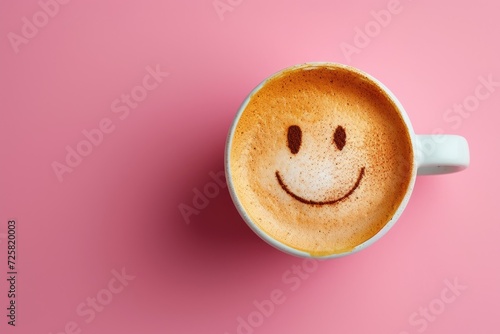Happy morning and inspiration with a cup of delicious coffee and a smile on a colorful background