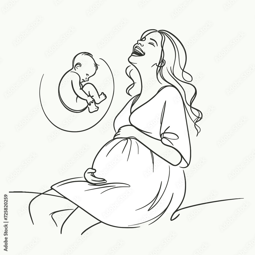 Monochrome bliss: line drawing of a happy pregnant woman dreaming of her unborn child. Expressive lines convey anticipation and joy in a touching drawing of maternal happiness Monochrome bliss: line drawing of a happy pregnant woman dreaming of her unborn child. Expressive lines convey anticipation and joy in a touching drawing of maternal happiness