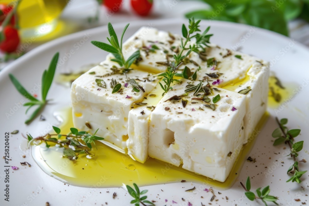 Herbed olive oil on sliced Feta cheese Herbed olive oil on sliced Feta cheese
