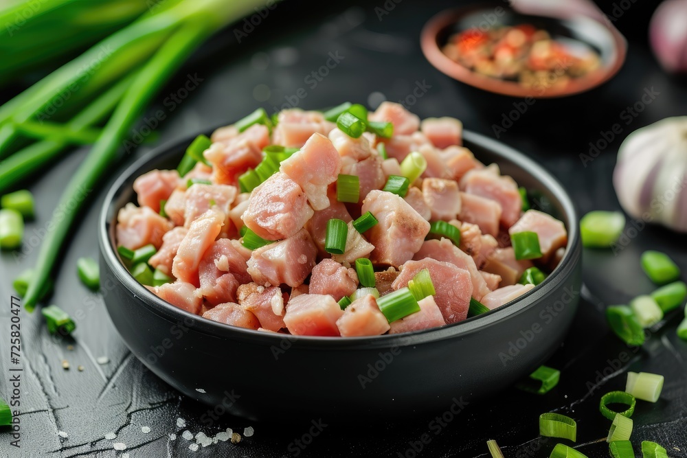High quality photo of dark background showing chopped pork lard with green onion
