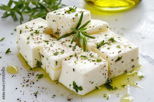 Herbed olive oil drizzled over sliced Feta
