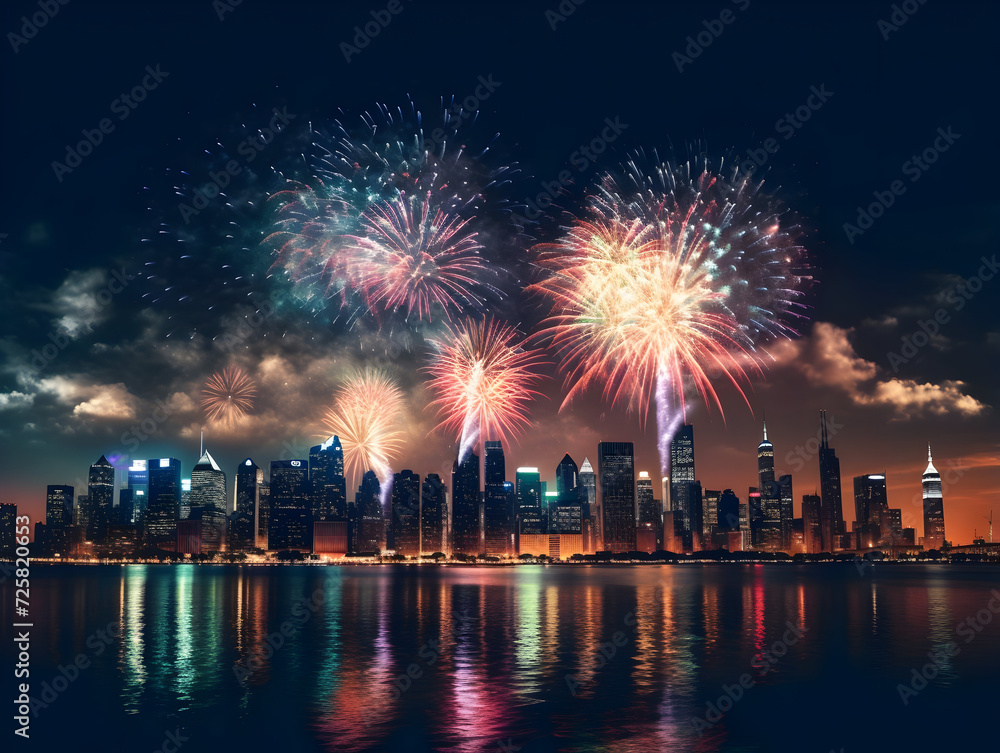 Fireworks over the city skyline