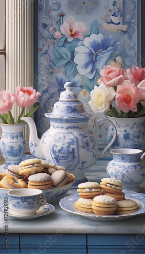 Wallpaper Mural Delightful spread of treats and steaming cups of tea at a vibrant brunch gathering with friends Torontodigital.ca