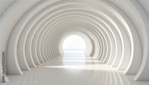 Futuristic 3d room with abstract space tunnel and illuminated stage floor on white background.