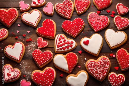 Heart shaped cookies on a wooden background.