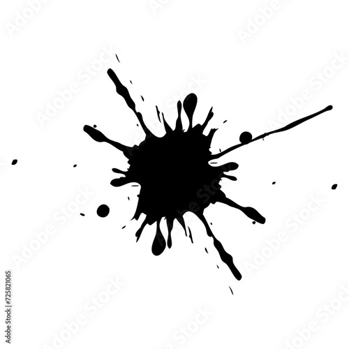 Black ink blot on transparent background. Abstract dirty grunge liquied paint drip isolated element.