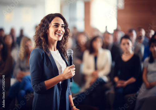 modern business woman with microphone in front of a group of people