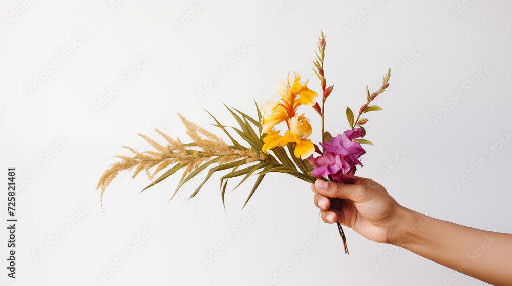 Gałązka palmy z kwiatami w ręku - Niedziela Palmowa. Symbol wjazdu Jezusa do Jerozolimy. Chwała Panu - obrazy, fototapety, plakaty 