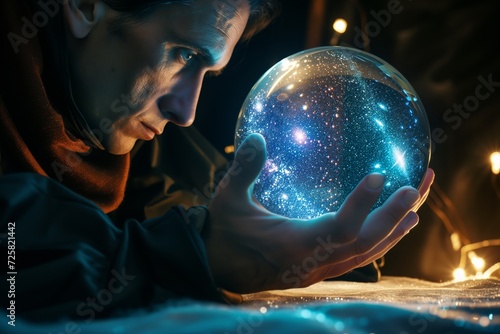 A man looking into a crystal ball against a starry sky