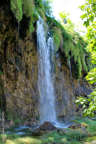 Waterfalls In The Park. Crystal Clear Water Of Lake. Waterfall Cascade. Beautiful Nature. Plitvice Lakes National Park.