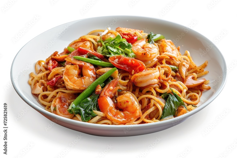 Spicy Thai Seafood Spaghetti on White Dish Isolated on White Background with Selective Focus