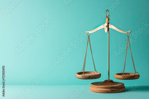 Stable and equitable business partnerships in economic relations Wooden scale on a turquoise background photo