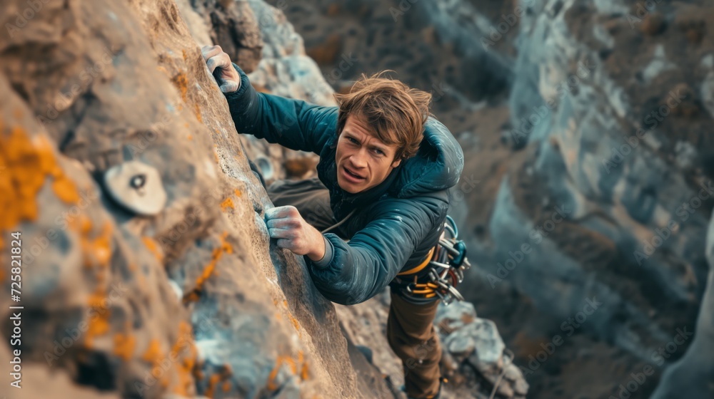 Obraz premium Man practices climbing on a rock