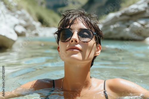 Portrait of an adult woman with short dark hair and wearing sunglasses who bathes in a mountain river. © olegganko