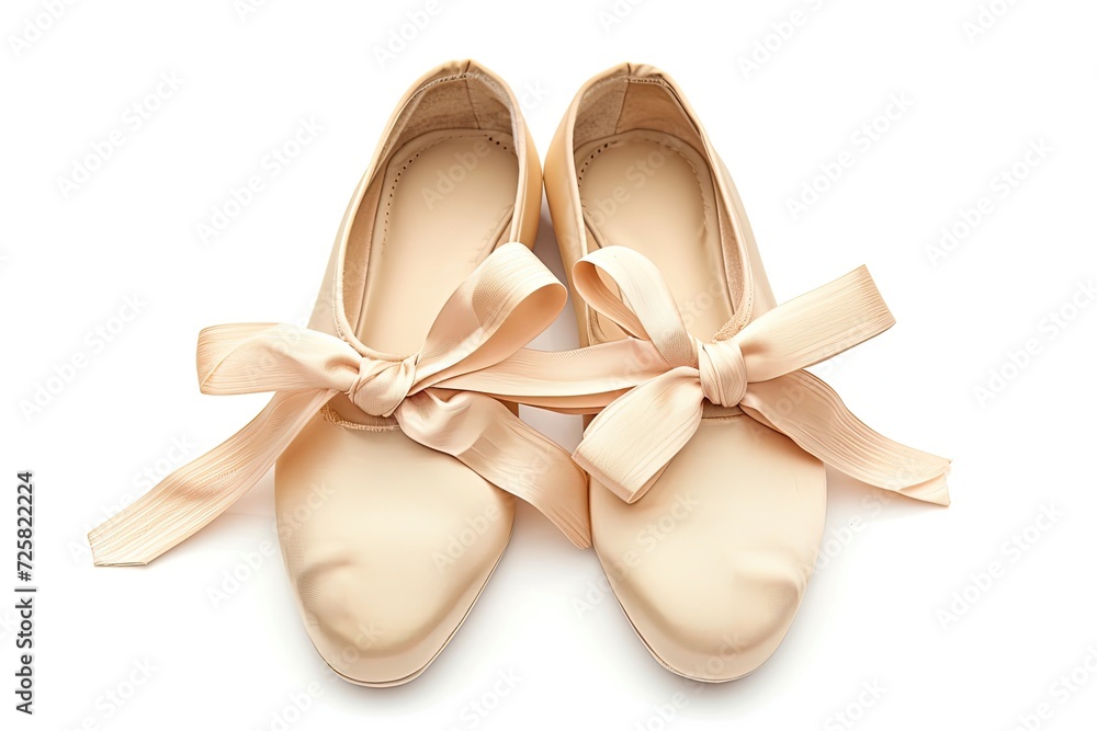 Top view of adorable ballet shoes in beige with ribbons isolated on white Top view of adorable ballet shoes in beige with ribbons isolated on white