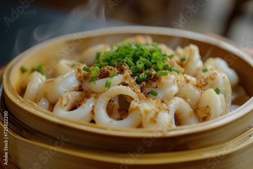A detailed shot of a bowl of food placed on a table. Suitable for various culinary themes and restaurant promotions
