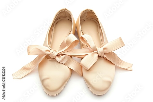Top view of adorable ballet shoes in beige with ribbons isolated on white