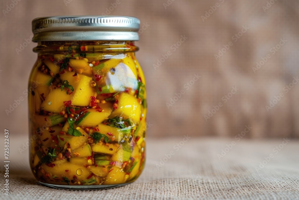 Traditional homemade raw mango sweet and spicy pickle in a jar on a light brown backdrop Traditional homemade raw mango sweet and spicy pickle in a jar on a light brown backdrop