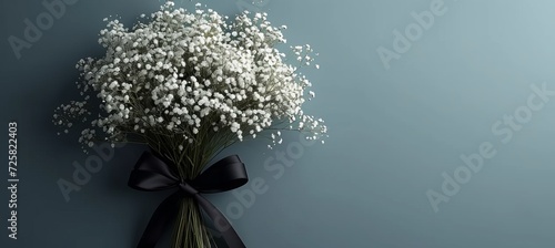 Funeral flowers with black ribbon on gray background   mourning bundle for service and condolences