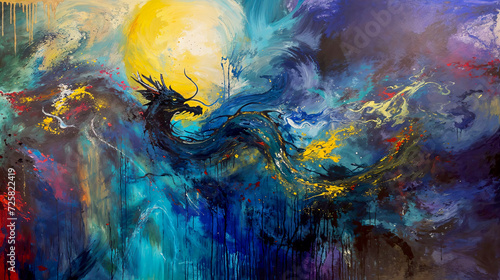 Abstract Chinese Dragon Waterfall Moonlight Painting
