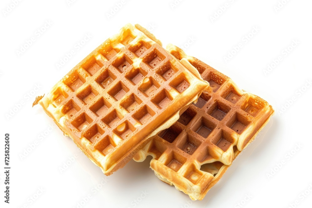 Two new Belgian waffles white backdrop seen from above Two new Belgian waffles white backdrop seen from above