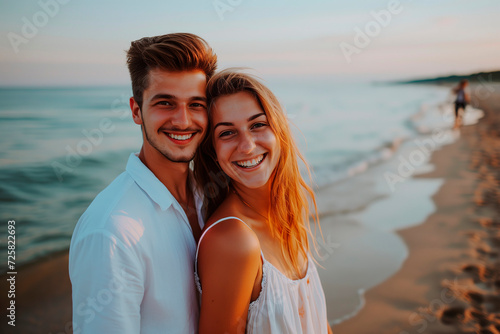Foto de una pareja feliz posando en la playa. Generativa IA © Chris